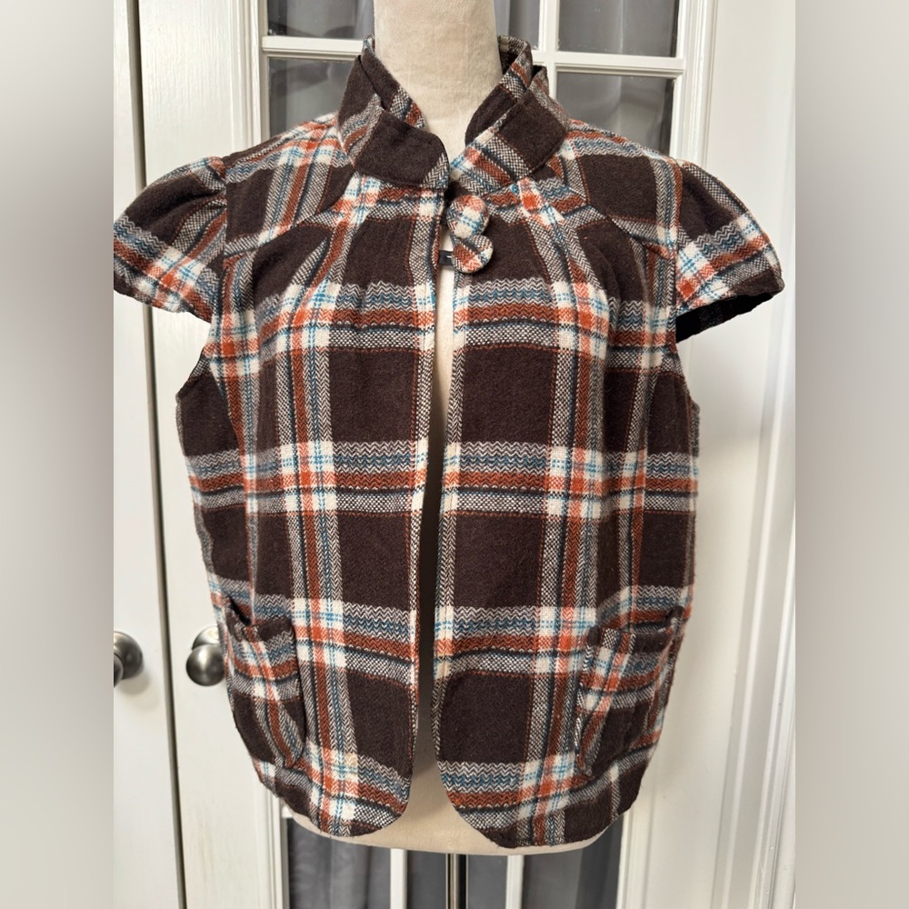 LAL (Live a Little)Wool Blend Plaid Button Coat Jacket Brown Orange Blue XL